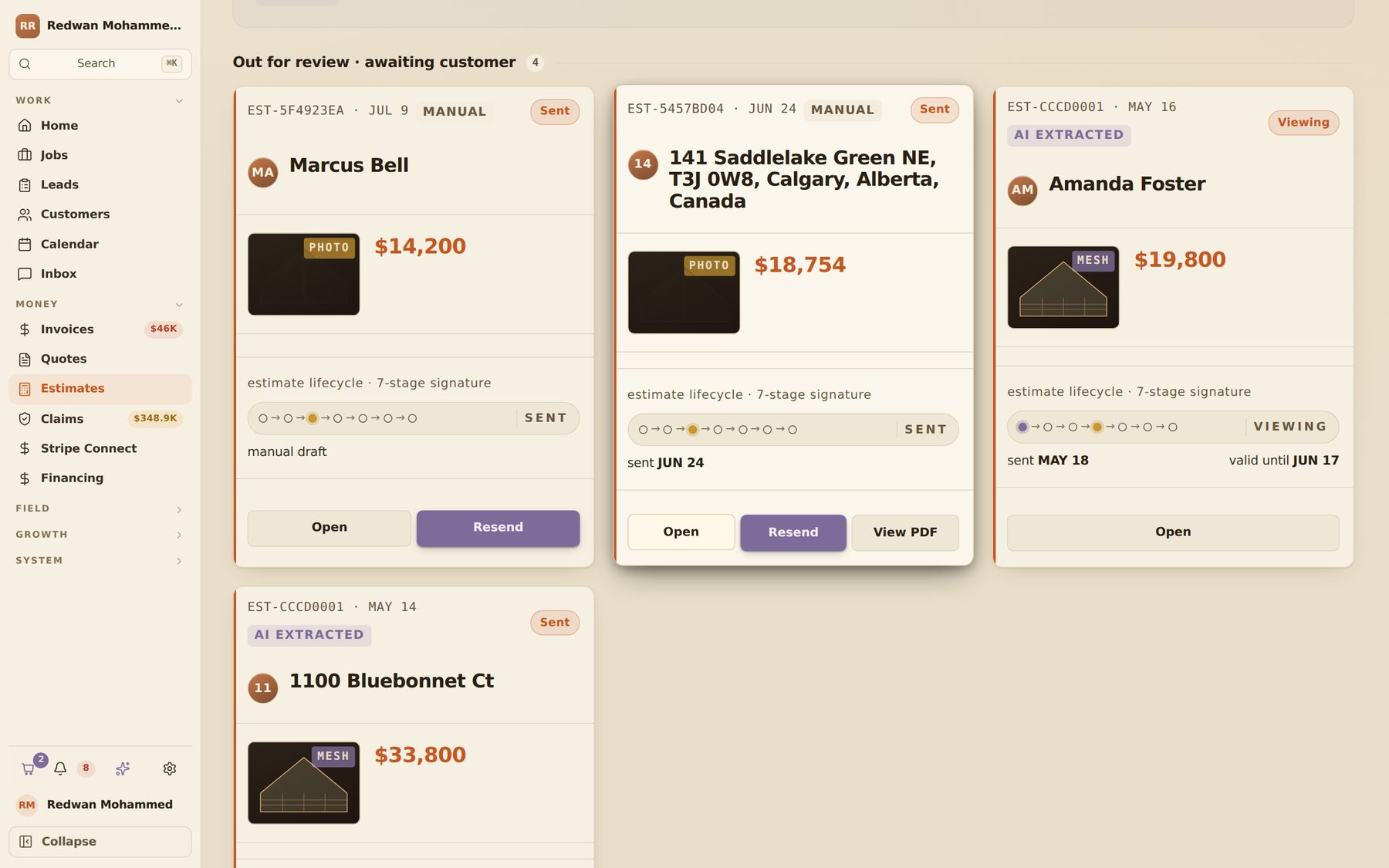 Estimates — Satellite-measured, line-itemed, Good/Better/Best — sent as a branded link.