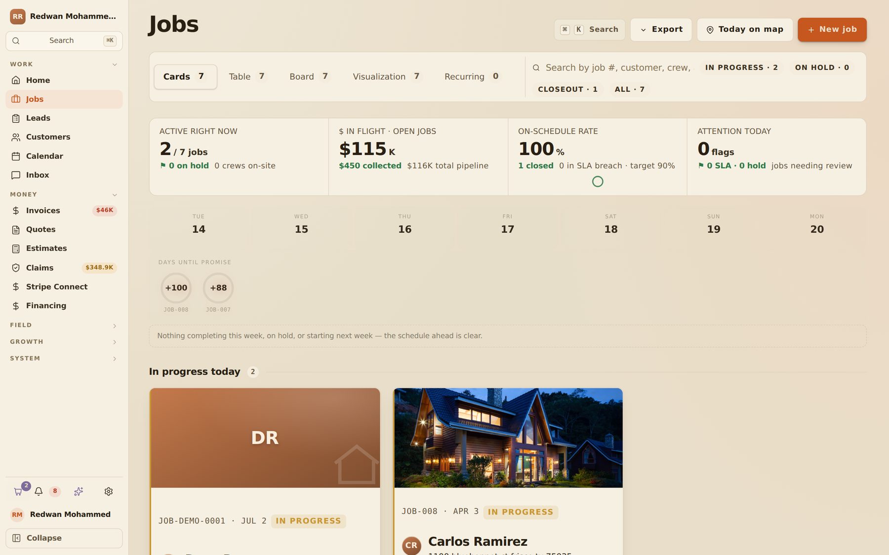 The RoofingOS jobs board: active jobs, dollars in flight, on-schedule rate, and the week ahead